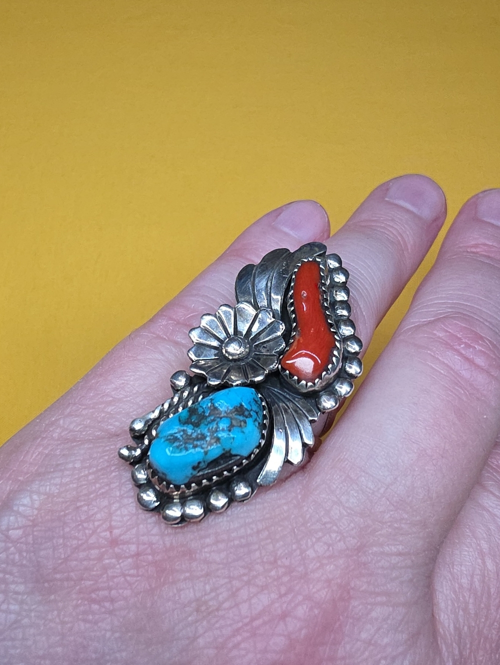 VTG Navajo Sterling Silver Turquoise Coral - Old Pawn Style Ring 13.72g Size 6.5